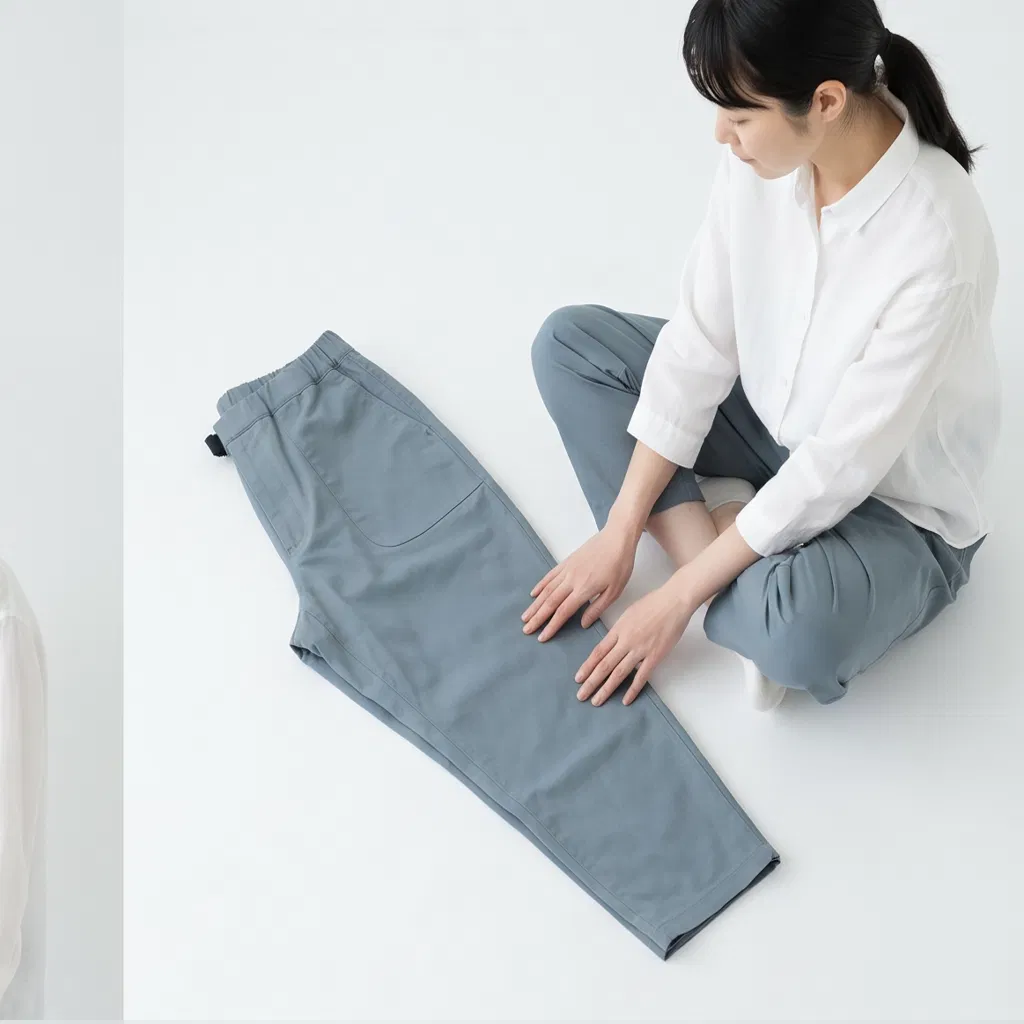 100% Calças Casuais Tapered de Algodão Trançado Cinza Azul com Cintura Elástica e Grandes Bolsos de Patches