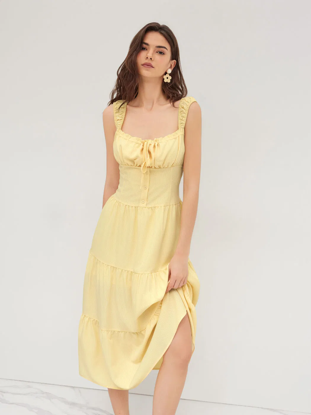 Vestido Casual Fashionável de Decote Quadrado em Xadrez com Múltiplas Camadas e Bordas em Folha de Lótus