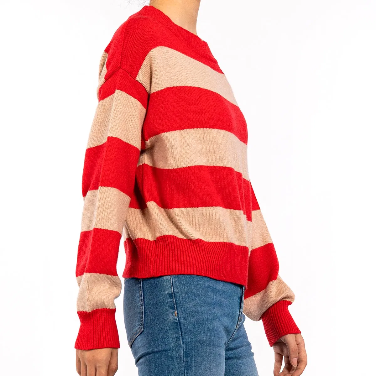 Design de blusa de malha de gola redonda com mangas longas em cores bloqueadas, malha listrada casual