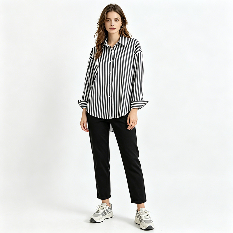 Camisa Casual de Botão Larga de Manga Longa Listrada Azul e Branca para Mulheres da Fábrica