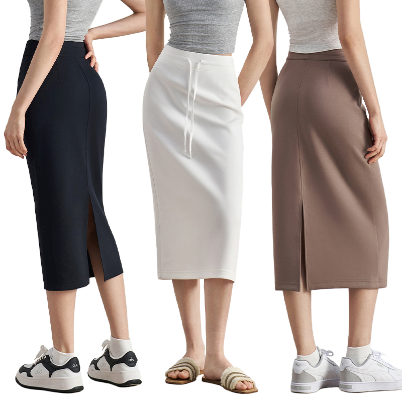 Saia Casual Feminina Esportiva Ajustada com Fenda Saia Externa com Cordão Confortável para Yoga MIDI