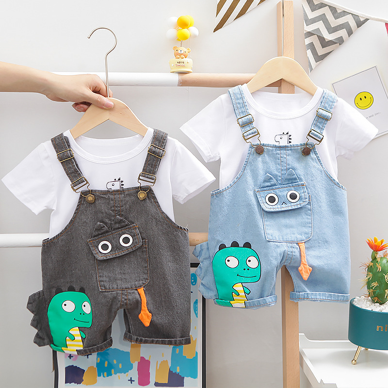 Roupas Casuais de Verão para Bebês Meninos, Vestuário Infantil com Pequeno Dinossauro e Suspensórios de Gola Redonda
