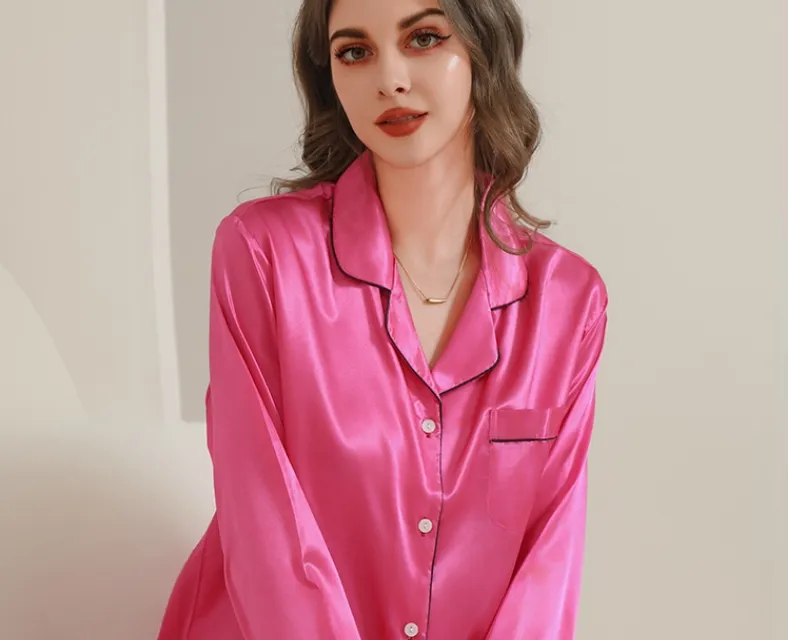 Pijamas femininos de cor sólida personalizados por atacado, sleepwear de seda sexy, roupas de lazer