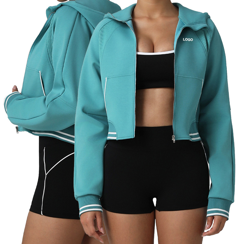 Camisola de manga longa esportiva e casual, jaqueta com capuz e zíper em blocos de cores para outono e inverno, moletom grosso