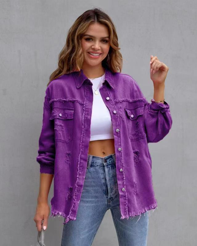 Camisas de Denim Multicoloridas para Mulheres Roupas Casuais Casaco de Denim Distinto de Comprimento Médio Camisas para Meninas Jaqueta de Jeans Casual para Quatro Estações Jaqueta de Denim Moda de Rua