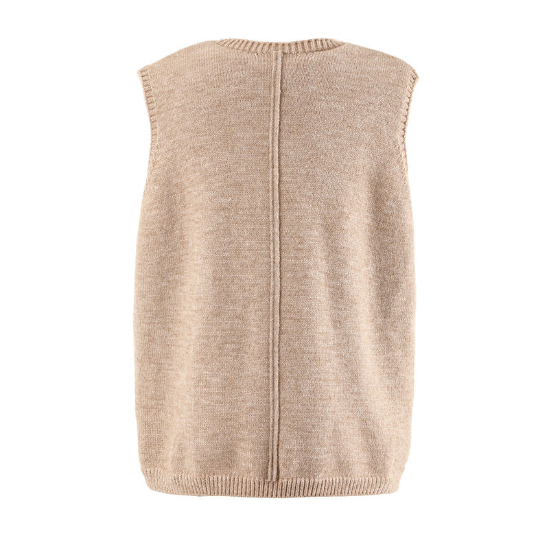 Venda por atacado de moda feminina, colete de malha casual sem mangas, cardigan em V, suéter de malha solto e confortável, colete, topo de marca, vestuário de malha
