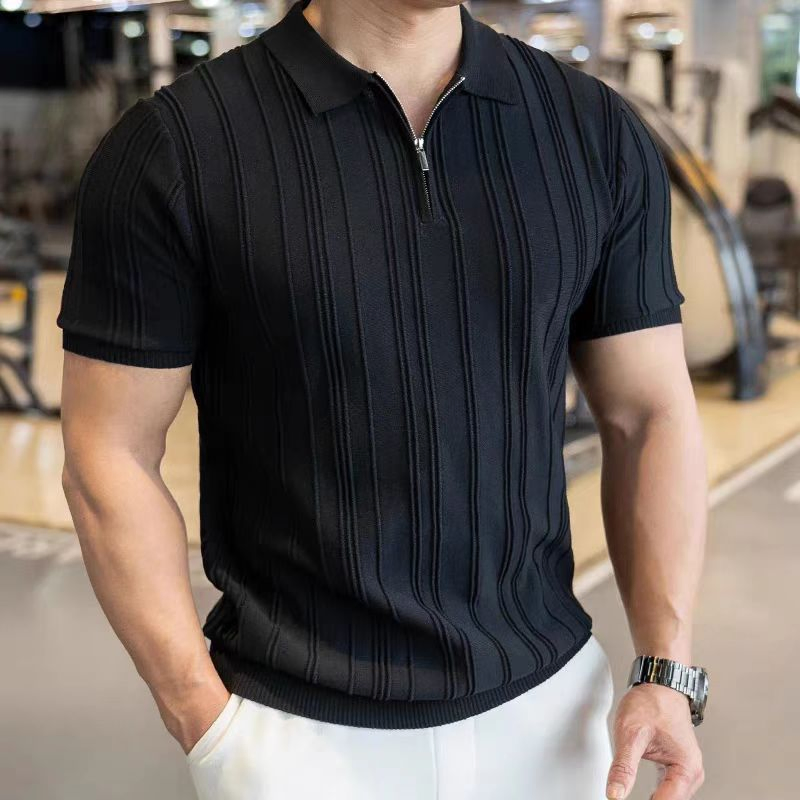 Suéter de malha de meia zip de manga curta para homens, cor sólida, respirável, casual, malha de verão