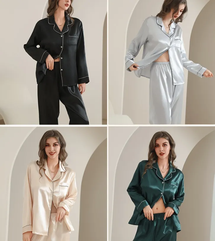 Pijamas femininos de cor sólida personalizados por atacado, sleepwear de seda sexy, roupas de lazer