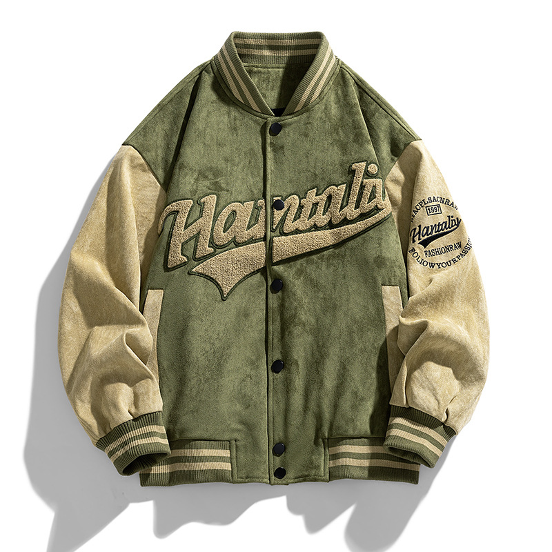 Novo Casaco de Primavera e Outono Masculino Casuais de Camurça Jaqueta de Beisebol Estilo de Rua Americano Jaqueta de Gola Bordada de Beisebol