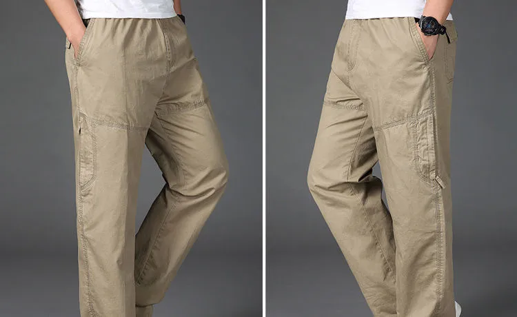 Calças Cargo Casuais de Algodão Masculinas 6 com Bolsos, Corte Solto, Cintura Elástica