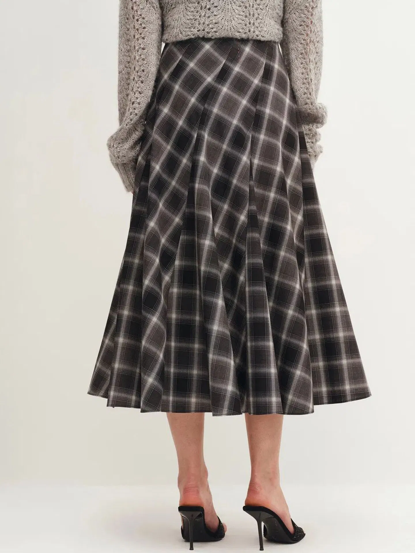 Saia longa em A flared de mulheres euro-americanas, outono inverno, nova, de lã xadrez, estilo retrô, casual, cintura afinada, natural