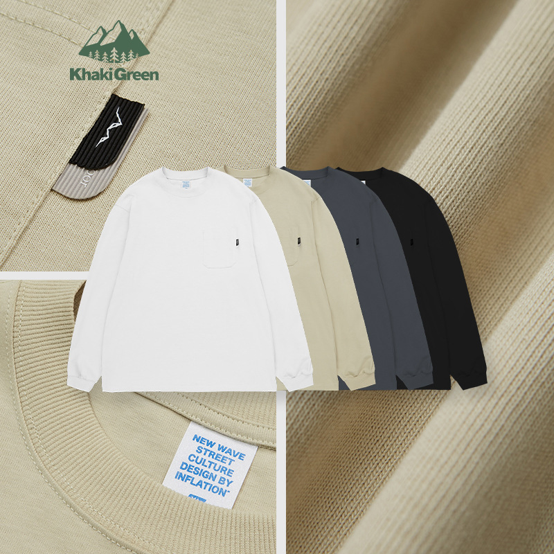 Serviço OEM 265GSM 100%Cotton Camisetas casuais de manga longa de alta qualidade em cor sólida estilo japonês com bolso para homens