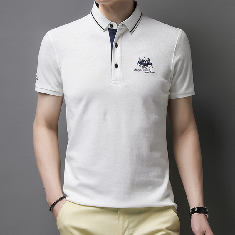 Camisa polo casual personalizada para homens, azul escuro, em poliéster e algodão leve, com logo bordado