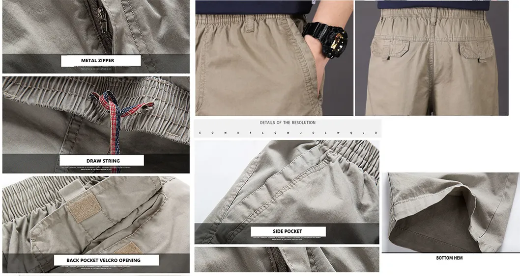 Calças Cargo Casuais de Algodão Masculinas 6 com Bolsos, Corte Solto, Cintura Elástica