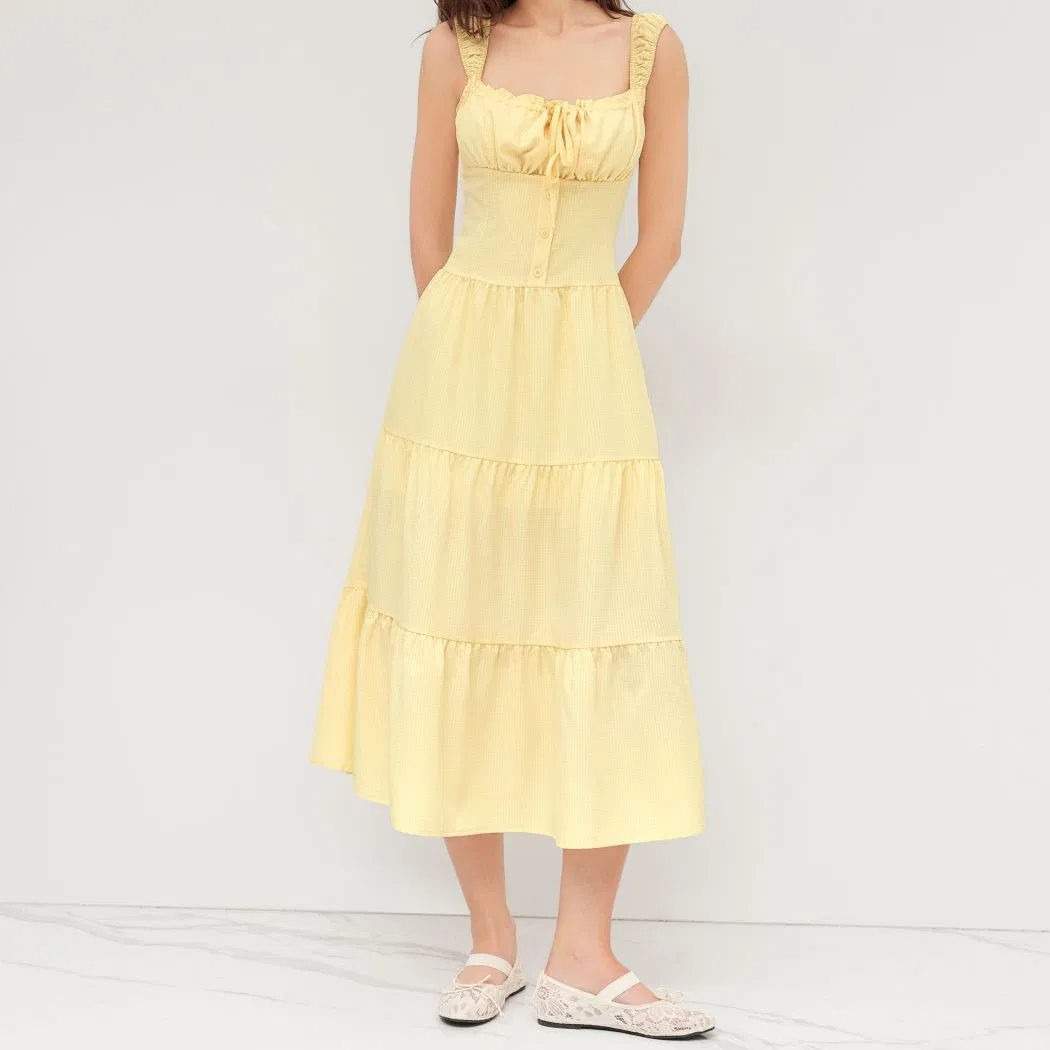 Vestido Casual Fashionável de Decote Quadrado em Xadrez com Múltiplas Camadas e Bordas em Folha de Lótus