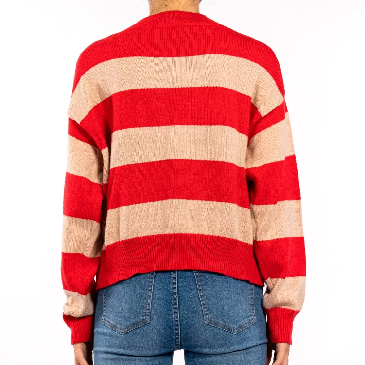 Design de blusa de malha de gola redonda com mangas longas em cores bloqueadas, malha listrada casual