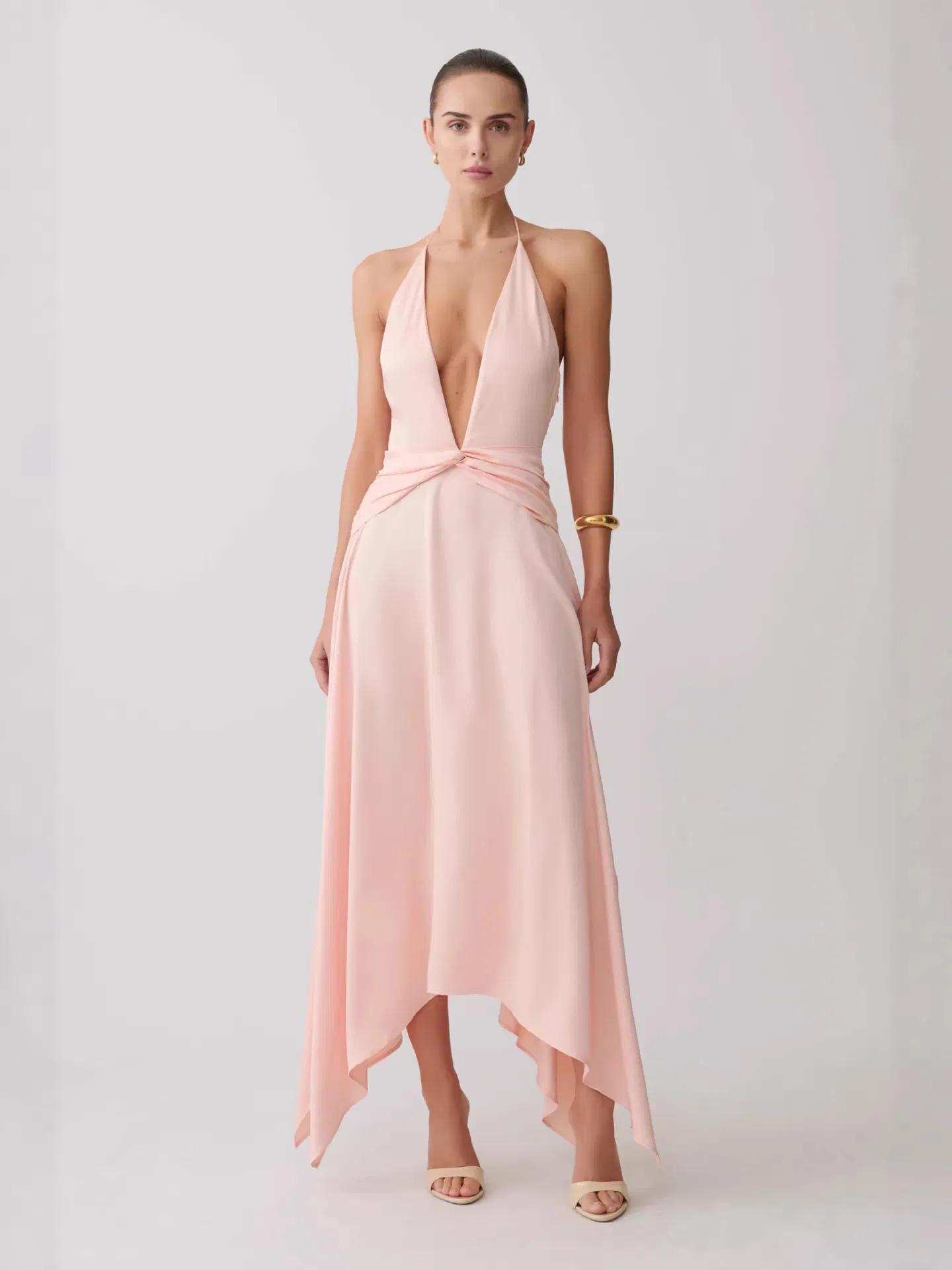 Vestido Midi Sem Costas em V Profundo Halter Rosa Blush para Mulheres com Barra Assimétrica Irregular Casual Longo