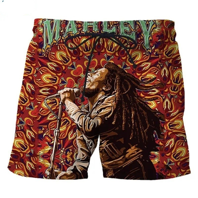 3D Calções de Praia Impressos com Padrão de Bob Marley para Homens Música Reggae Hip Hop Casual Engraçados Calções de Surf Rápido Secagem Calções de Natação para Homens