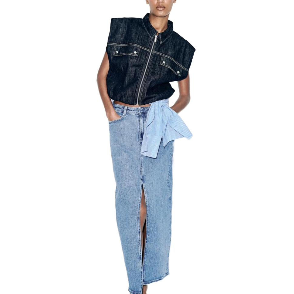 Saia midi feminina azul claro casual com fenda frontal, saia de denim feminina
