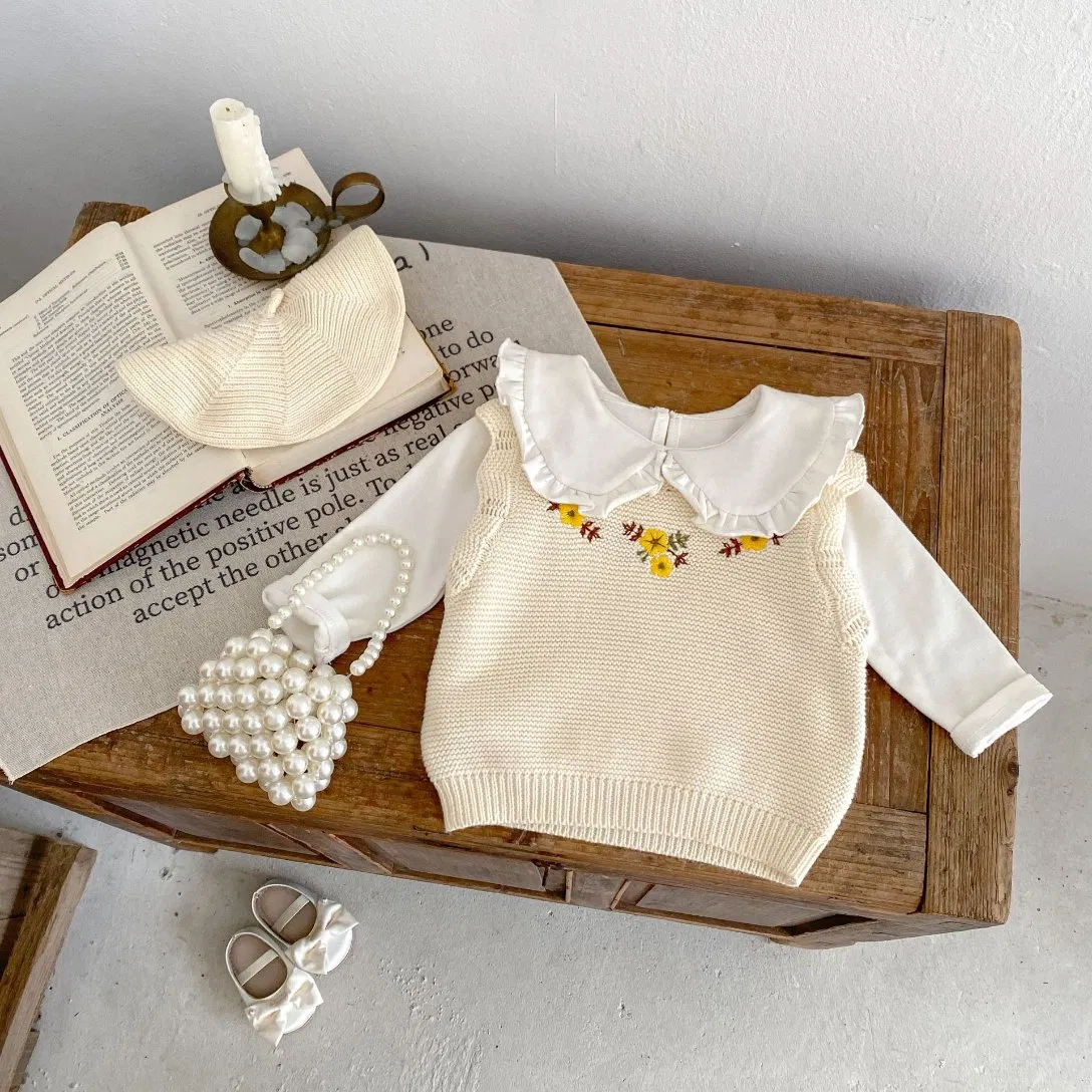Roupas de Inverno para Bebês Outono, Suéter Casual Fofo para Meninas, Malha de Algodão Sem Mangas, Colete de Malha com Bordado de Flor