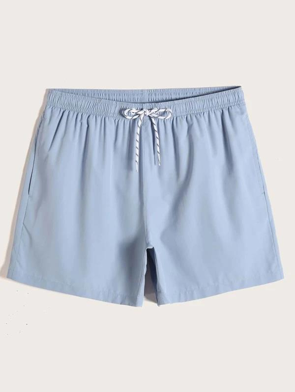 Bermuda de Praia Masculina Azul Poeira com Corda na Cintura, Sunga Sólida, Calções de Praia Casuais