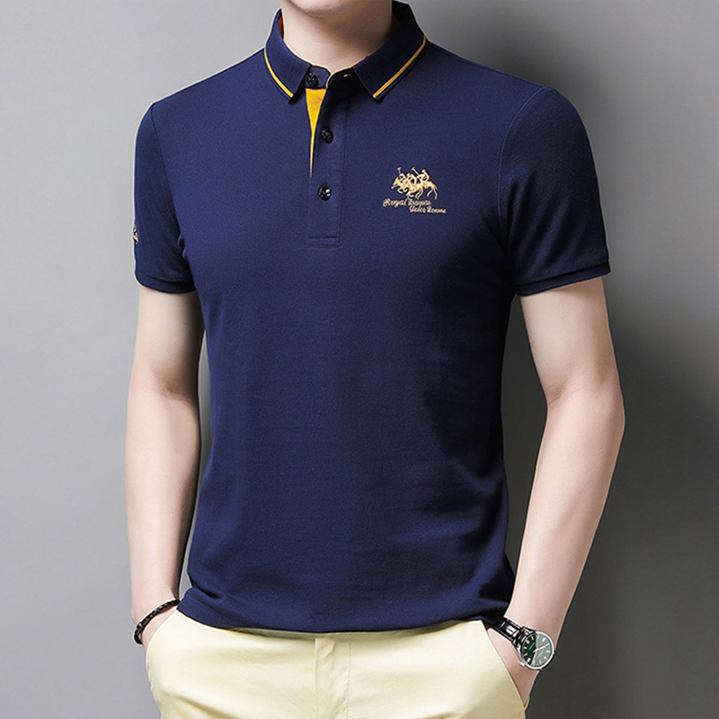 Camisa polo casual personalizada para homens, azul escuro, em poliéster e algodão leve, com logo bordado