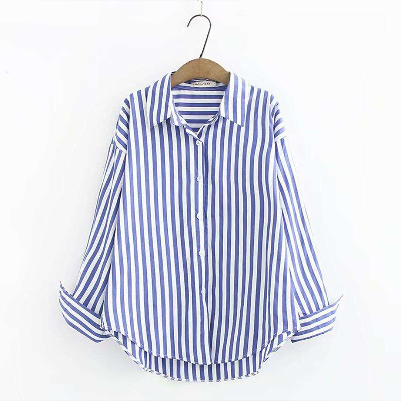 Camisa Casual de Botão Larga de Manga Longa Listrada Azul e Branca para Mulheres da Fábrica