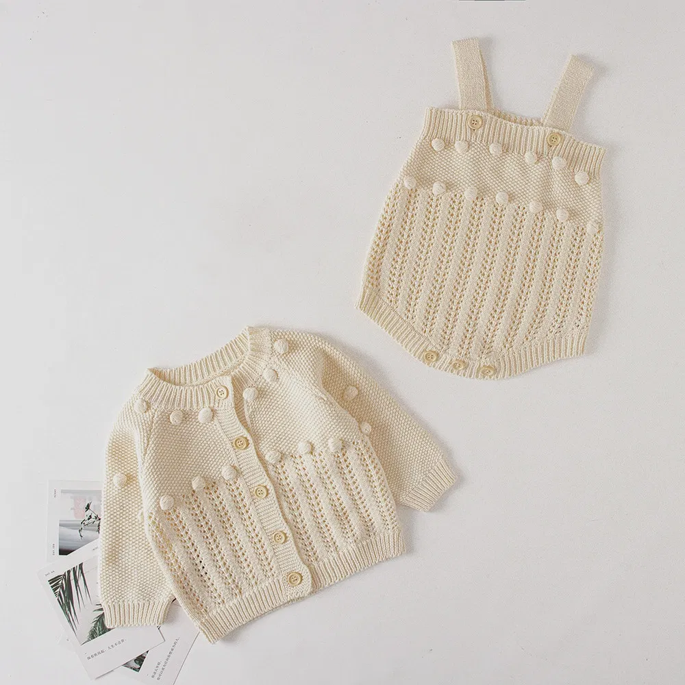 Suéter casual fofo de malha de ponto de primavera e outono, roupas de bebê, macacão de algodão tricotado para bebês + cardigan