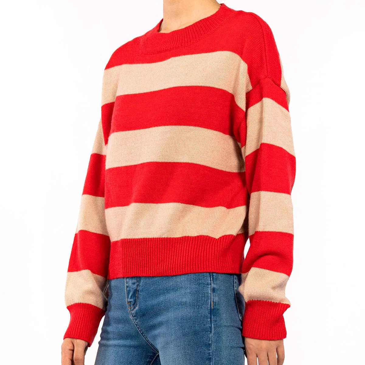 Design de blusa de malha de gola redonda com mangas longas em cores bloqueadas, malha listrada casual