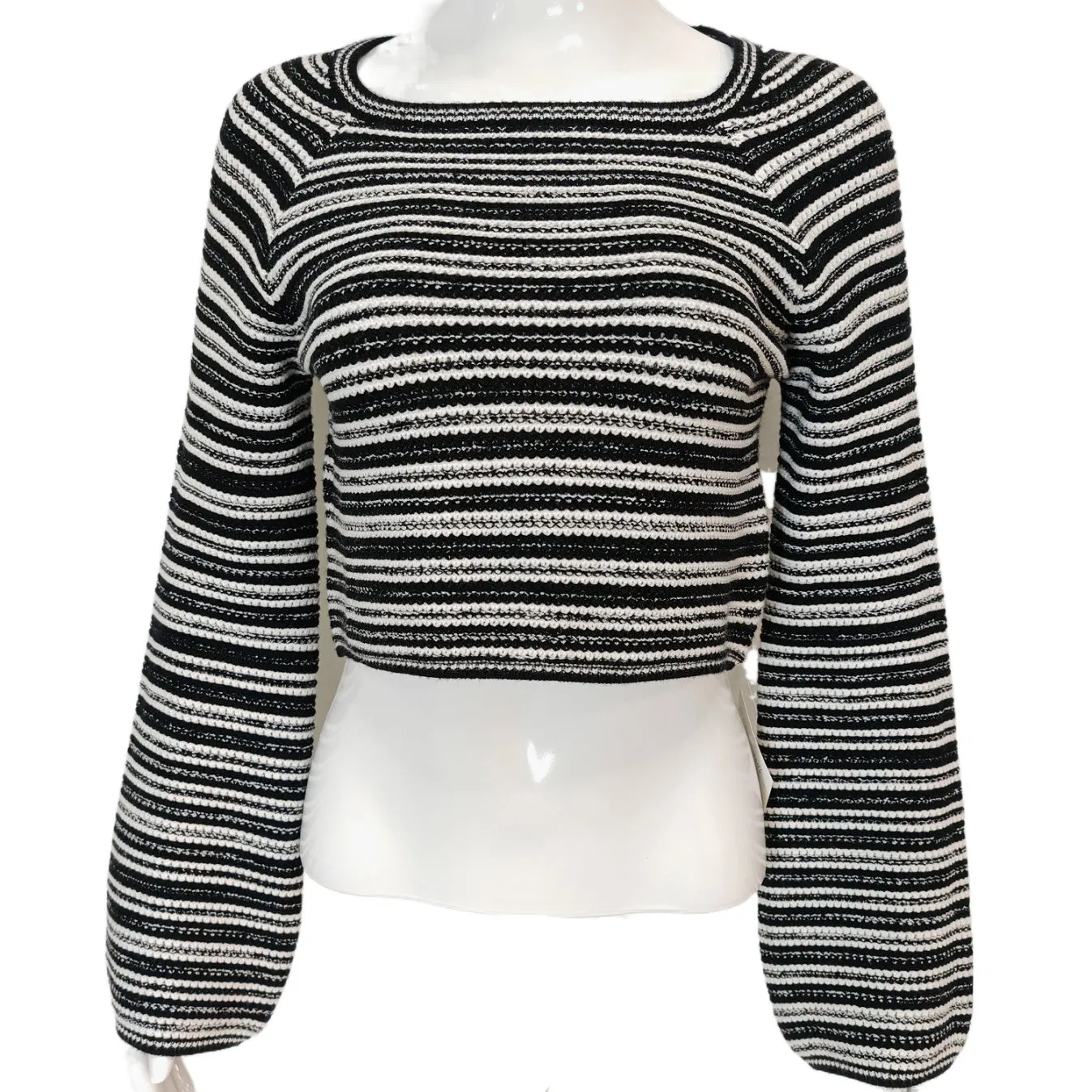 Suéter cropped de malha listrada para mulheres com mangas longas em sino, estilo casual e respirável