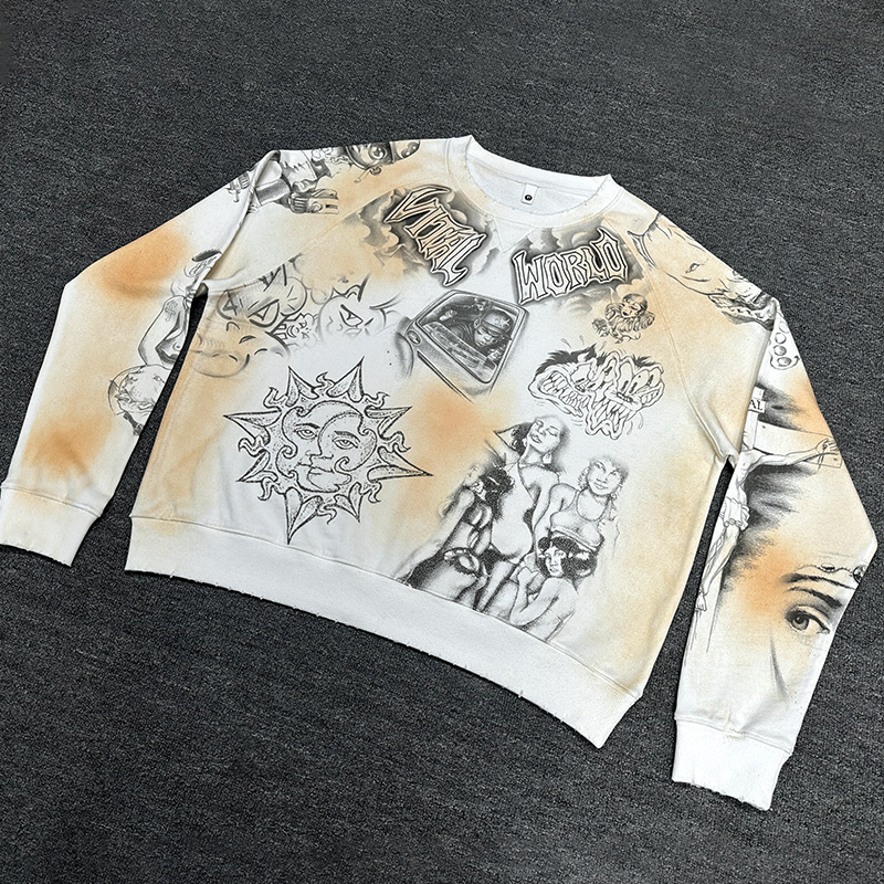 Sweatshirt personalizada de atacado, casual, vintage, streetwear, estampa Vital World, lavagem suja, gola redonda