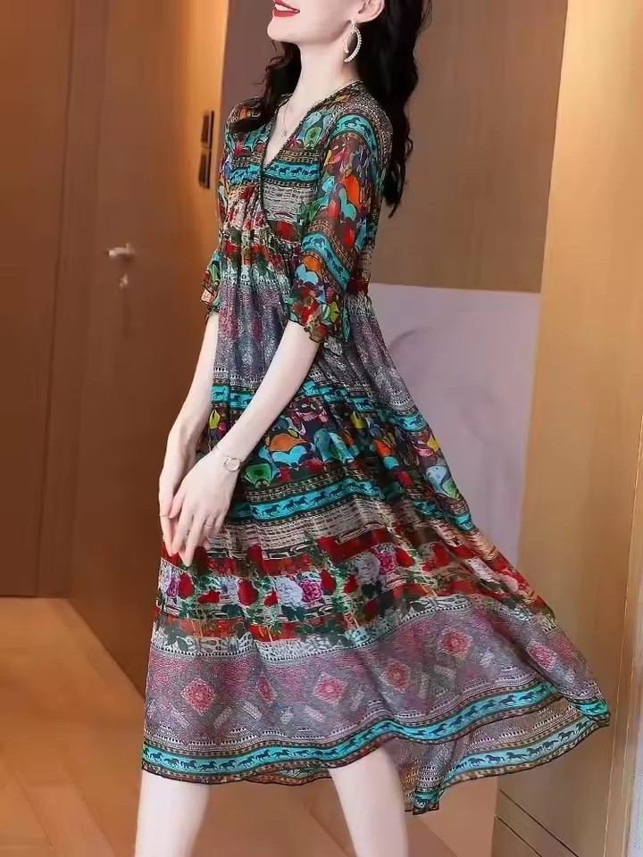 Vestido Longo Casual Elegante e Frufru para Mulheres, Moda Feminina para Relaxar em Férias na Praia