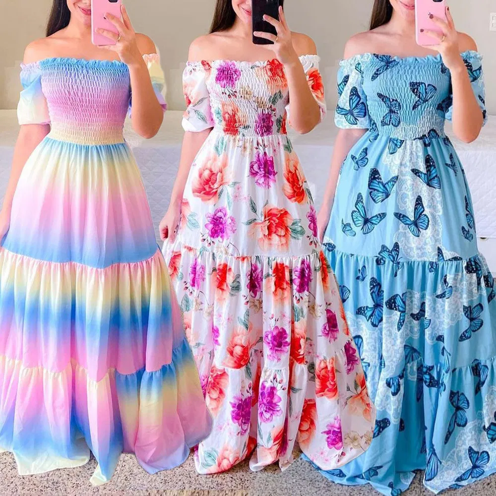 Vestido Maxi Longo Casual de Flores para Mulheres Primavera Verão