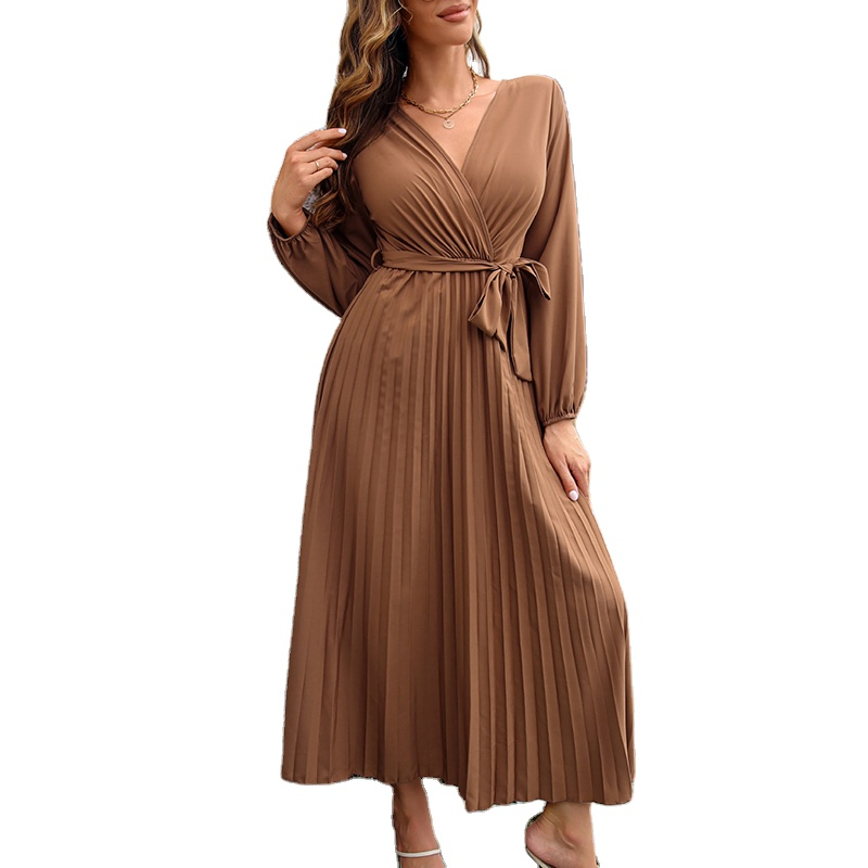 Novo Vestido Longo Feminino de Manga Longa com Decote em V, Plissado, Cor Sólida, Cinto com Laço, Venda Quente na Europa, Elegante e Casual