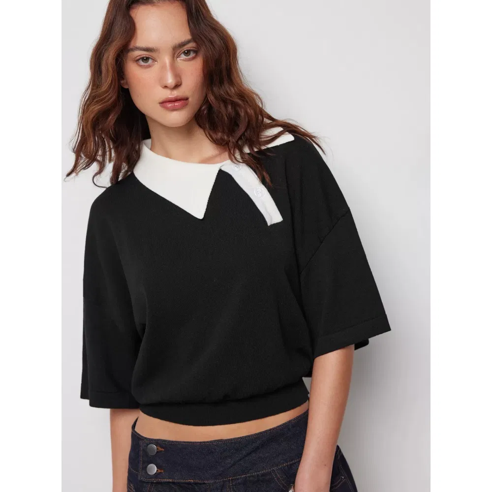 Primavera Novas Mulheres Malha de Algodão Roupas de Trabalho Escritório Bloco de Cores Soltas Cropped Manga Curta Estilo Casual Esportivo Atacado Personalizado