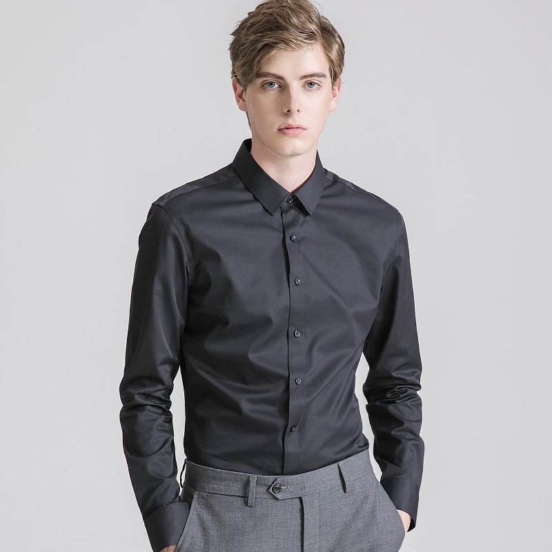 Camisa de cor sólida de bambu, elástica, à prova de rugas e casual para negócios