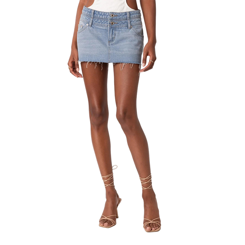 Saia Mini de Jeans com Barra Desfiada e Cintura Dupla Usada Burrs Fashionável Casual Versátil
