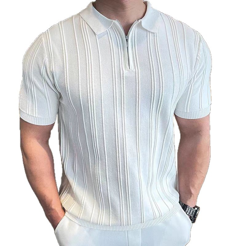Suéter de malha de meia zip de manga curta para homens, cor sólida, respirável, casual, malha de verão