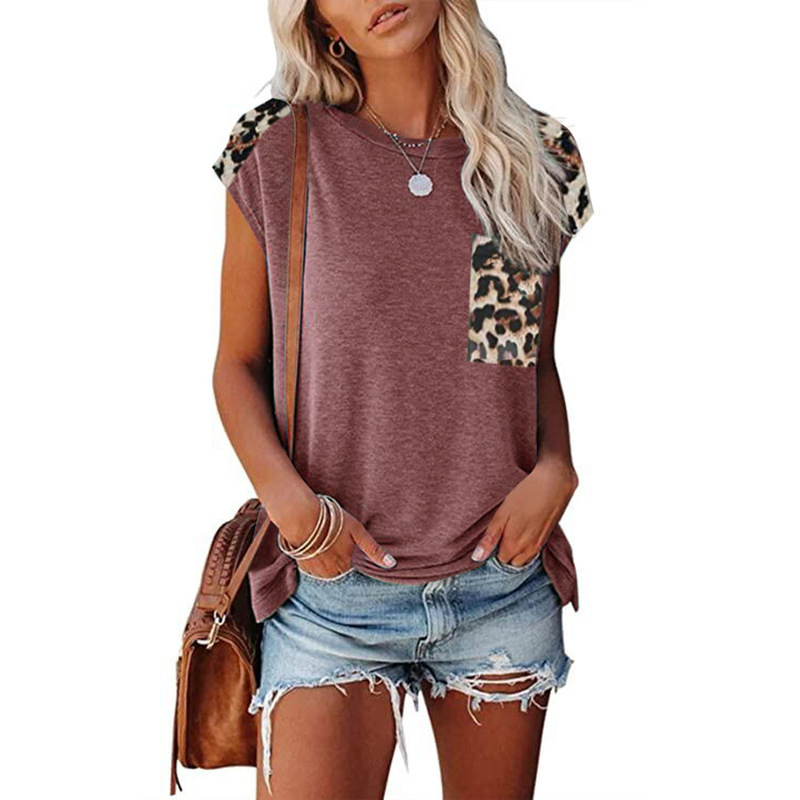 2024 Atacado de Moda 100% Camiseta Casual Feminina de Manga Raglan com Painel de Leopardo e Bolso, Personalização de Logo em Algodão; S Decote Redondo