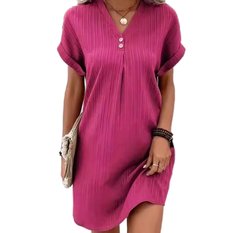Vestido pulôver botão de cor sólida com decote em V estiloso para uso casual