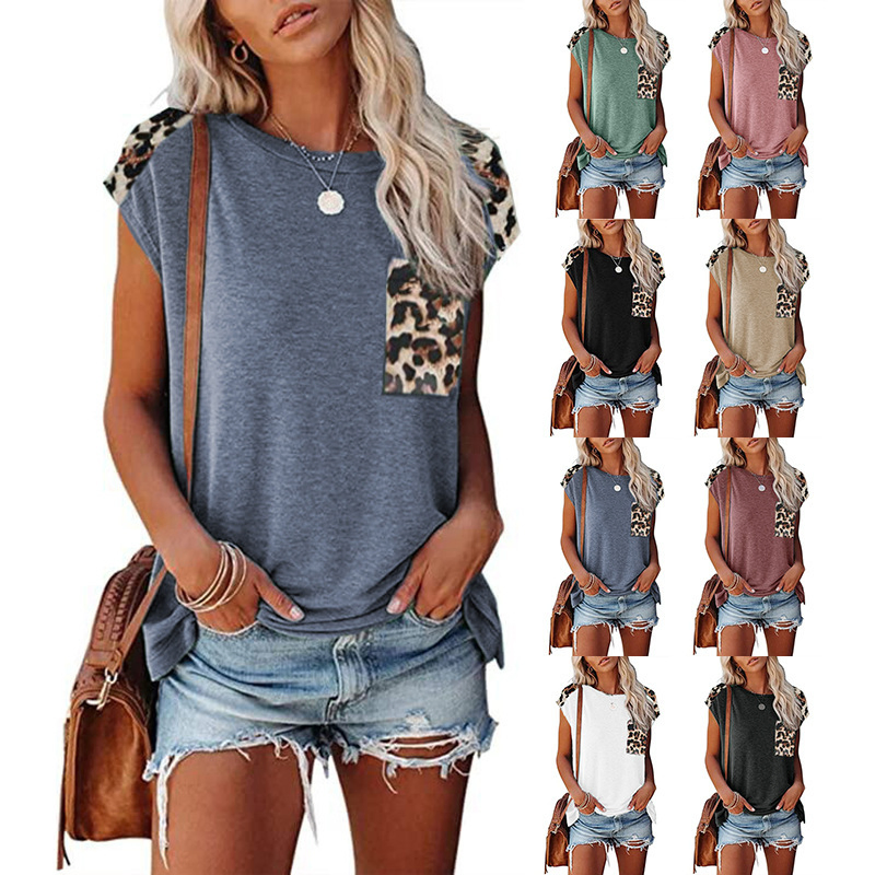 2024 Atacado de Moda 100% Camiseta Casual Feminina de Manga Raglan com Painel de Leopardo e Bolso, Personalização de Logo em Algodão; S Decote Redondo