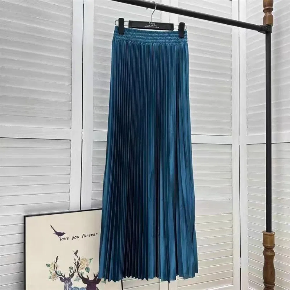 Nova Saia Elegante Plissada para Mulheres, Cintura Alta, Slim, Casual, Sólida, Longa