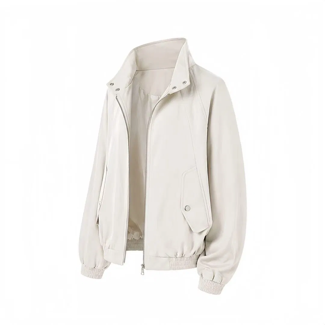 Jaqueta Bomber Unissex, Jaqueta Casual com Gola Alta e Zíper, Sobretudo Oversized Personalizável em Bege Sólido para Homens e Mulheres