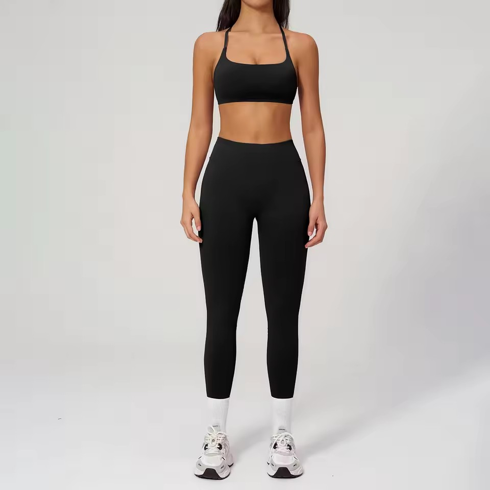 Sutiã esportivo feminino cruzado sem costura, leggings de cintura alta com efeito franzido, roupas casuais para esportes, academia, fitness e yoga