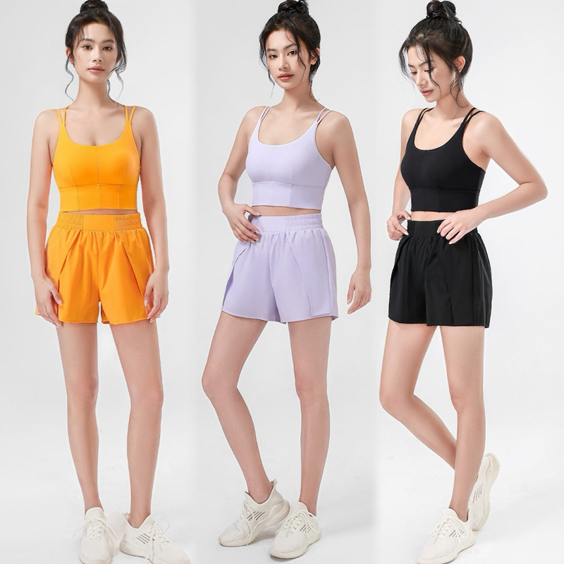 2 Top de Sutiã Esportivo com Costas Cruzadas e Copas Moldadas + 2 em 1 Conjunto de Shorts de Ginástica para Mulheres Roupas Casuais de Treino Conjunto de Roupas Esportivas