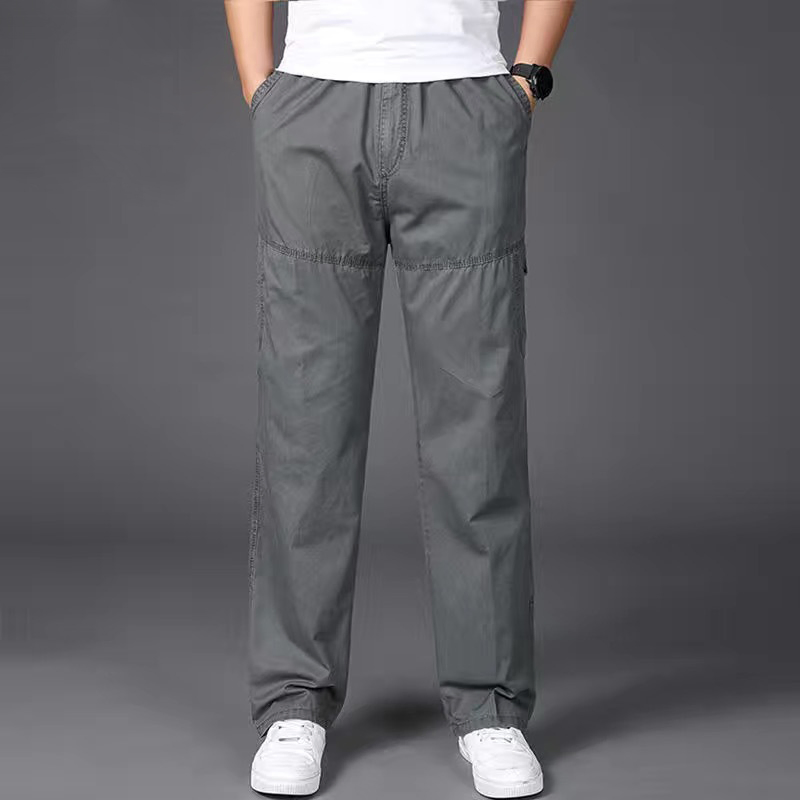 Calças Cargo Casuais de Algodão Masculinas 6 com Bolsos, Corte Solto, Cintura Elástica