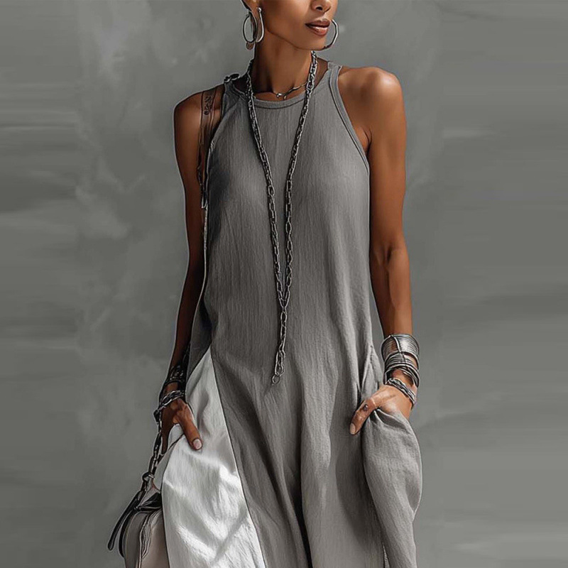 Vestido Casual Solto Sem Mangas para Mulheres com Bolsos