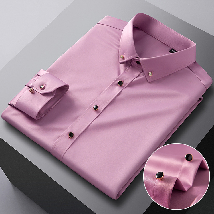 Camisa de Manga Longa Masculina com Fivela de Dril Elástico, Sem Necessidade de Passar, Casual para Negócios