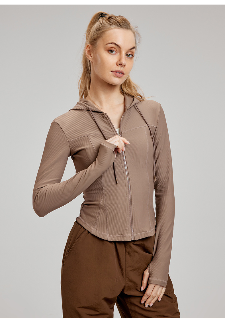 Jaqueta esportiva feminina de manga longa slim fit com capuz para outono e inverno, roupas casuais soltas para fitness, conjunto de ioga com blusa de manga longa e calças