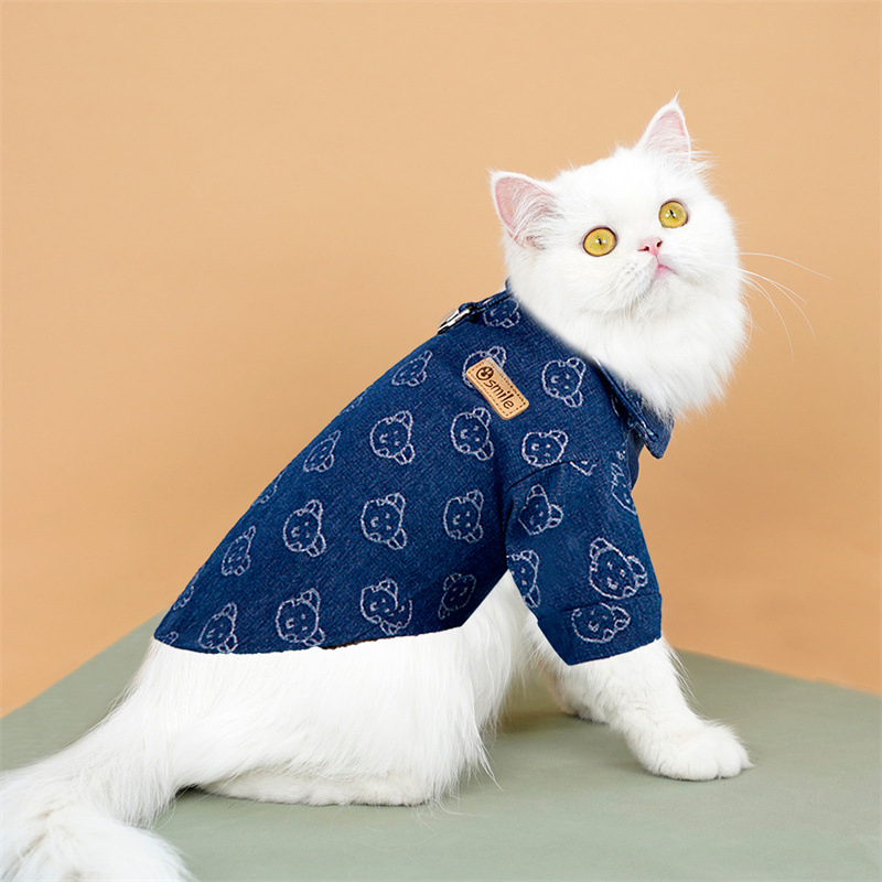 Camisa de Denim com Estampa de Urso de Estimação e Guia para Roupas de Animais de Estimação Pequenos, Cães e Gatos